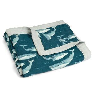 Milkbarn Teal Whale Muslin Swaddle with Cream Border